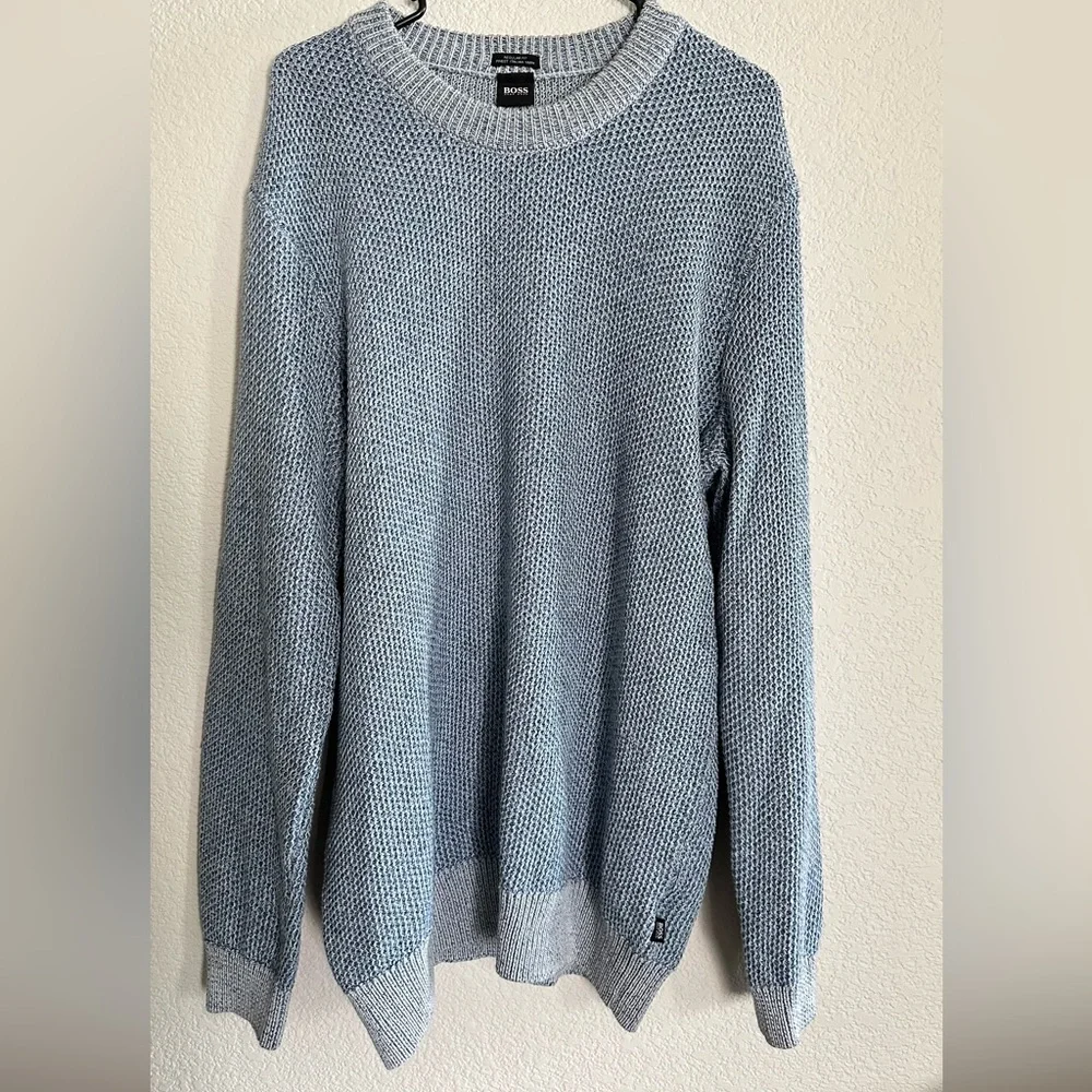 Hugo Boss Light Blue textured waffle-knit Crewneck Sweater